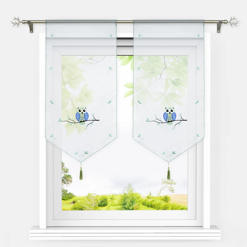 Tende leggere con motivo a gufi, colore verde, dimensioni 40x90 cm, confezione da 2 pezzi.