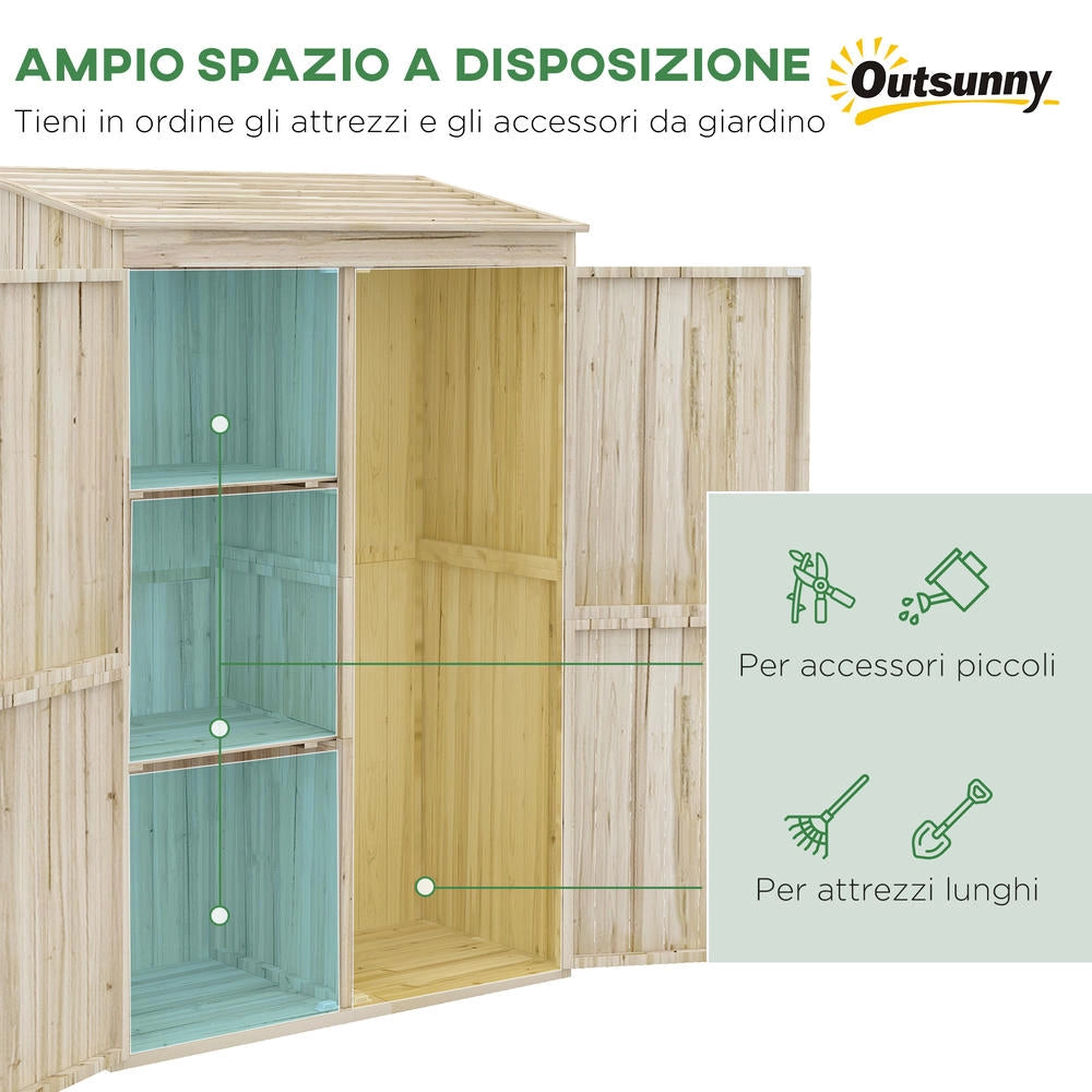 Casetta da Giardino in Legno di Abete Naturale con 2 Porte e Ripiani per Attrezzi da Giardino, Robusta e Resistente, 120x57x183cm