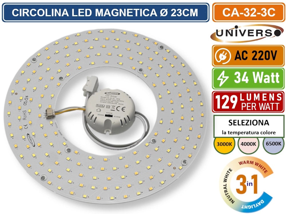 CIRCOLINA MAGNETICA NEON LED PIASTRA DISCO ANELLO PLAFONIERA CIRCOLARE LAMPADA T9 G10Q 34W Ø23CM COLORE LUCE SELEZIONABILE CCT 3IN1 3000K - 4000K -6500K
