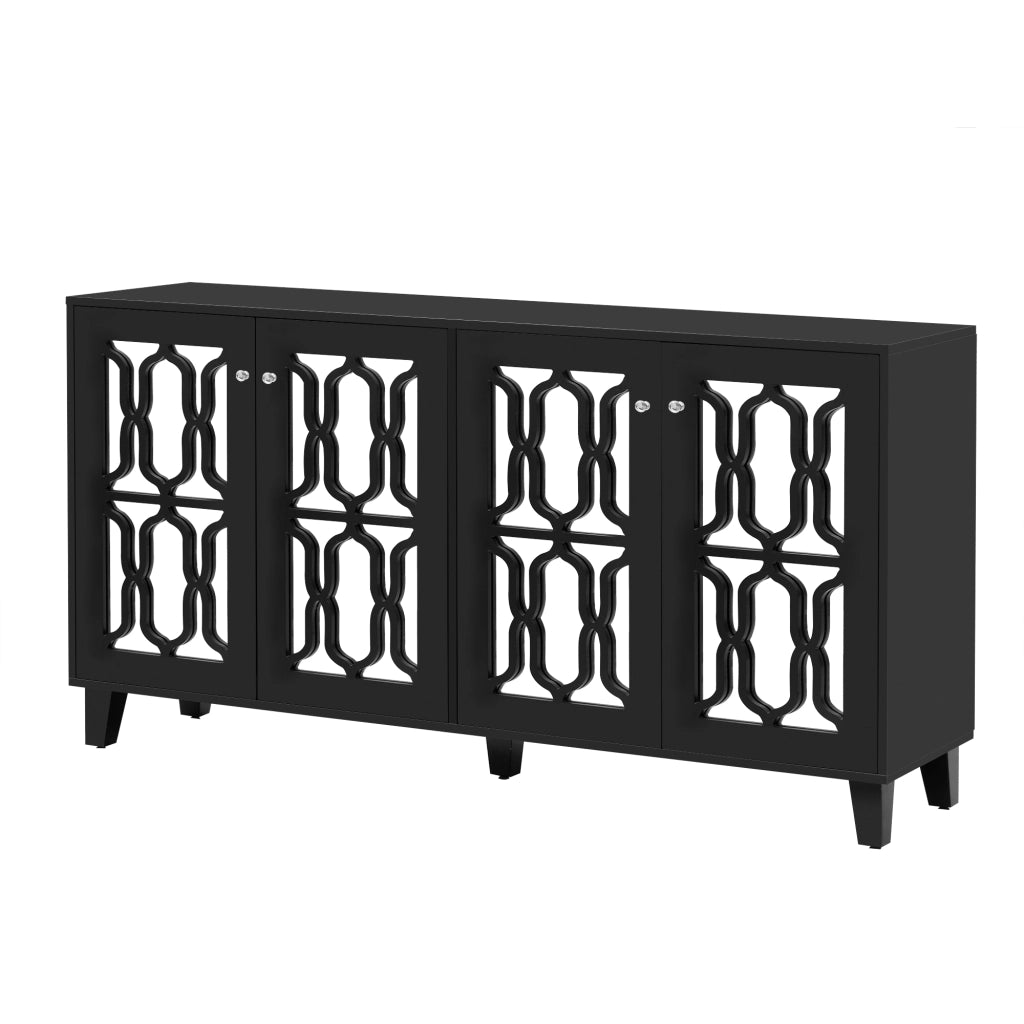Credenza 160 × 40 × 84 cm con quattro ante due ripiani mobili in MDF nero e superficie a specchio con piedi in legno