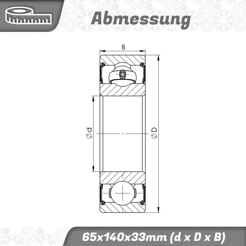 Cuscinetto a rulli con anelli guida 6313 2RS, dimensioni 65x140x33 mm, conforme alla norma DIN 625