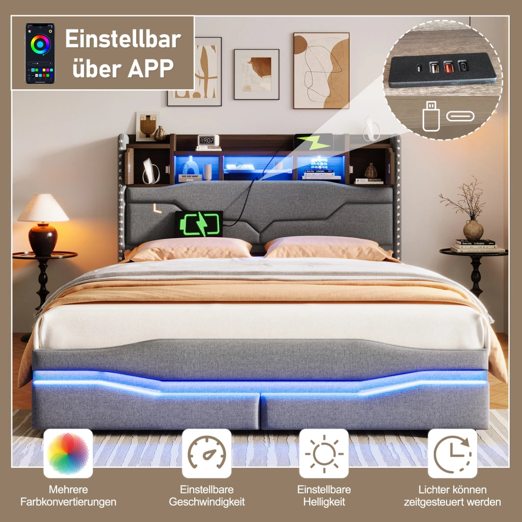 Letto matrimoniale contenitore 140 × 200 cm imbottito in lino con led app usb tipo c prese europee e vano testiera