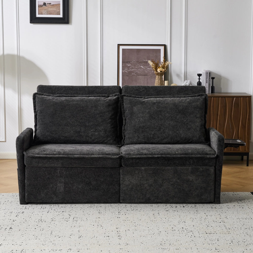 Divano letto in ciniglia nero con schienale regolabile da 90° a 180°; porta USB e Type-C e tasche laterali