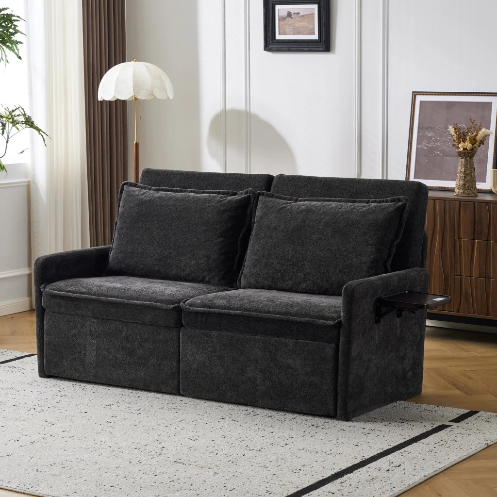 Divano letto in ciniglia nero con schienale regolabile da 90° a 180°; porta USB e Type-C e tasche laterali