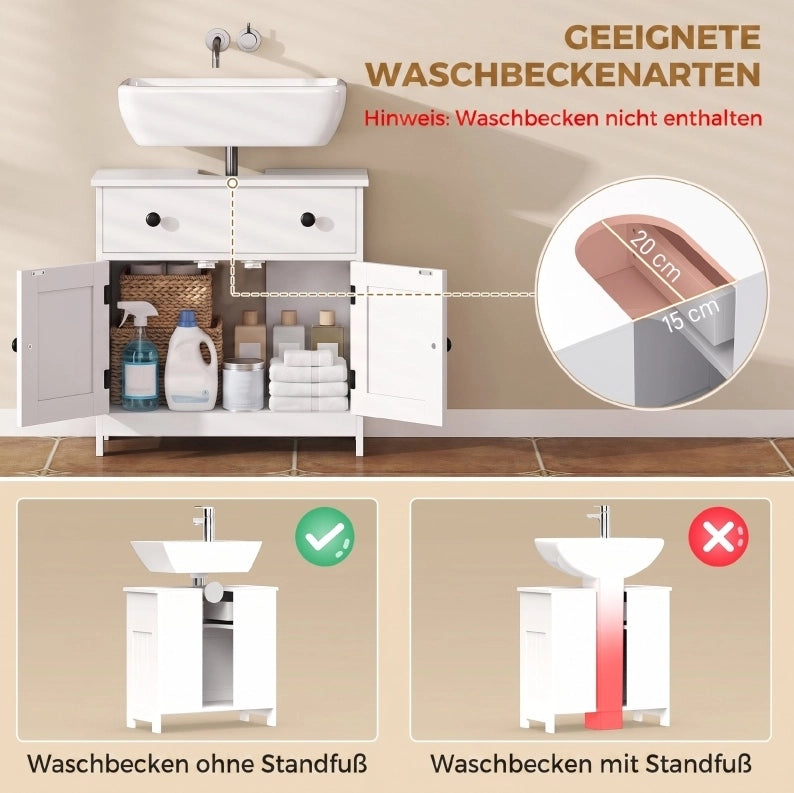 Mobile bagno bianco moderno con anta doppia, cassetto e chiusura soft-close, ideale per lavabo senza piedistallo