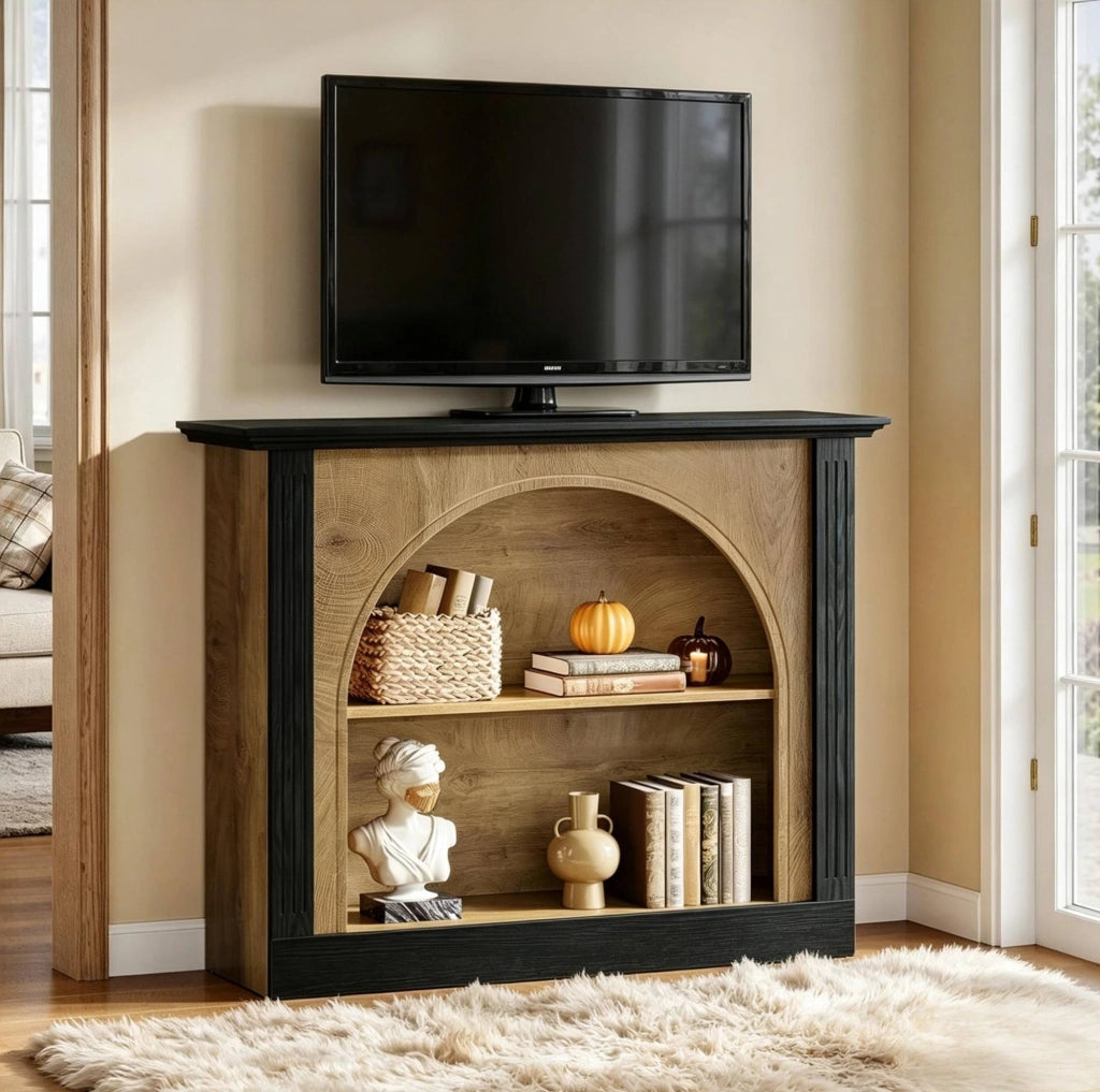 Mobile TV 110x30 cm in legno nero e rustico, stile Mid-Century