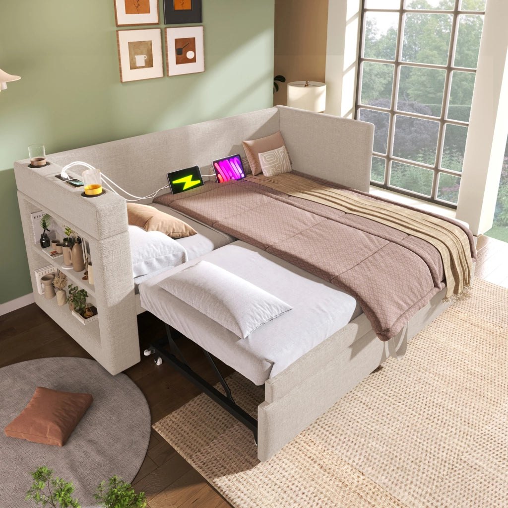 Divano letto singolo beige 90x190 cm con letto estraibile, braccioli con porte USB e Type-C, tessuto misto lino e cotone, senza materasso