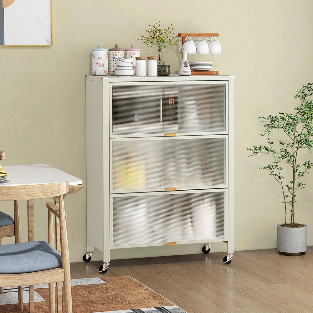 Scaffale da cucina a 4 ripiani con ante a ribalta, mobile credenza in metallo con ruote, salvaspazio per casa, bianco