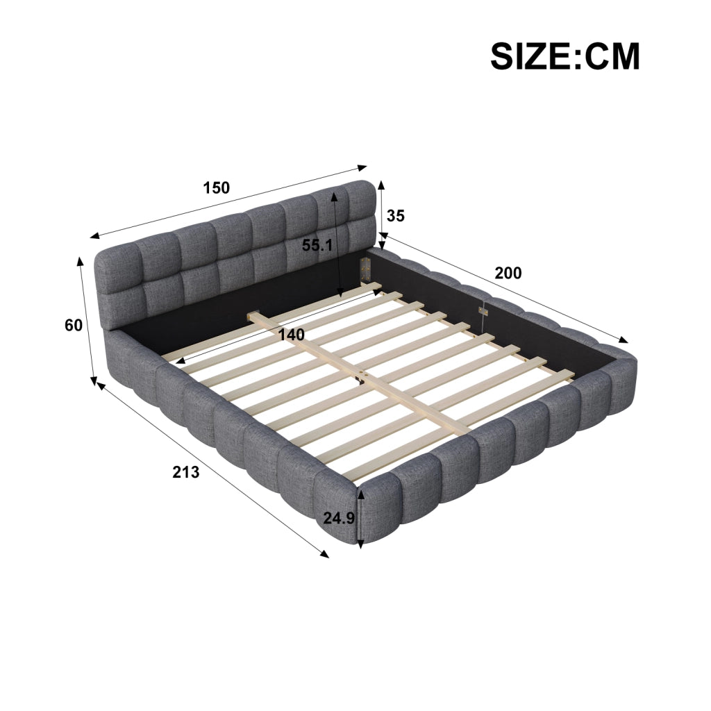 Letto Bubble 140x200 cm; Letto Matrimoniale Imbottito; Struttura Letto con Testiera e Rete a doghe; Letto Moderno; Senza Materasso; Lino Grigio