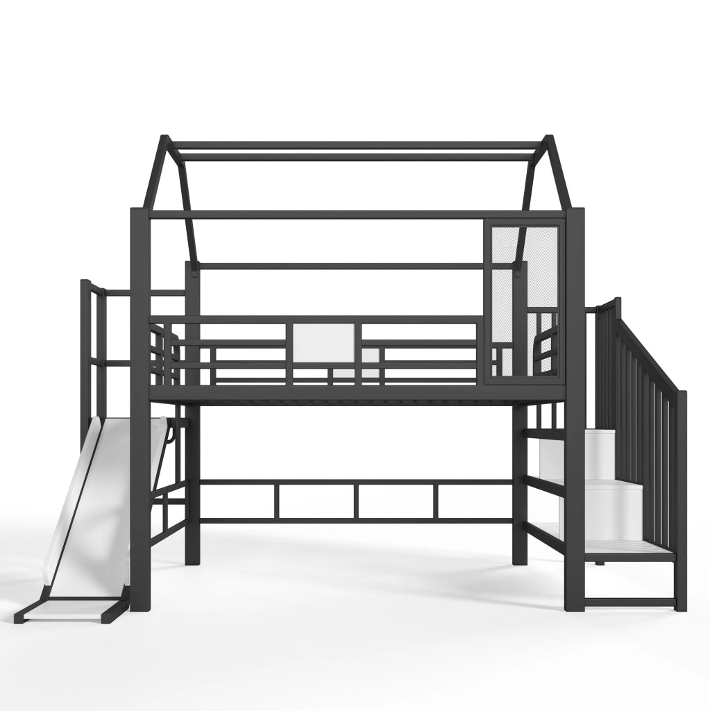Letto a soppalco per bambini a casetta nero con scivolo e scala