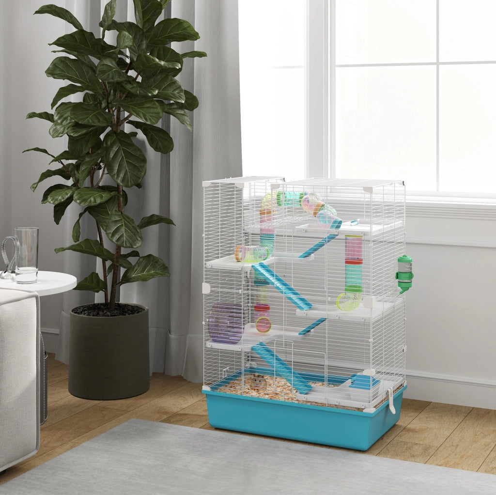Gabbia per criceti a 6 livelli con tubi e accessori, azzurro chiaro