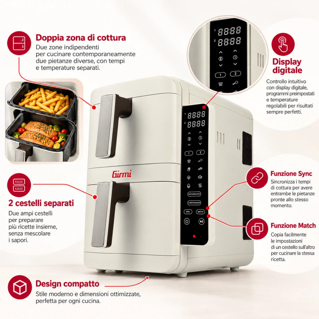 Girmi FG4101 Friggitrice ad Aria 9L Doppio Cestello 2400W Digitale