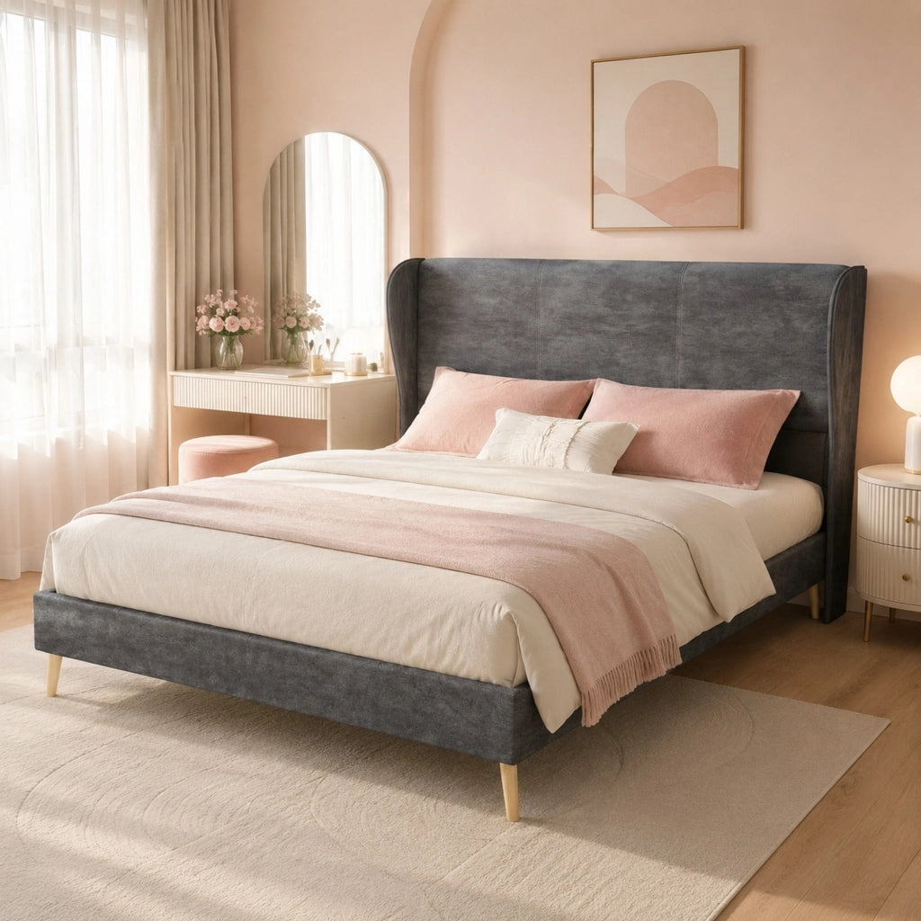 Letto imbottito moderno 140x200 cm con testiera morbida grigia, struttura bassa senza contenitore