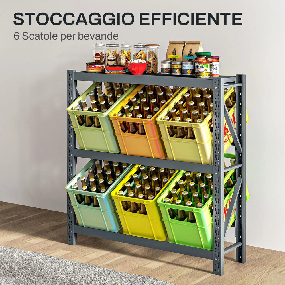 Scaffale per Casse di Bevande e Bibite a 3 Livelli, Porta 6 Casse, Ripiani Regolabili, Salvaspazio per Casa e Garage, 110x30x110cm, Grigio