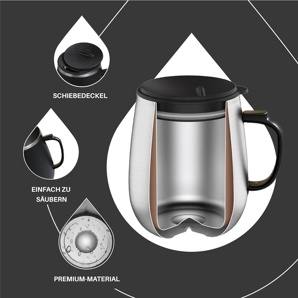 Tazza termica da 350 ml, a doppia parete, in acciaio inossidabile, nera, con manico