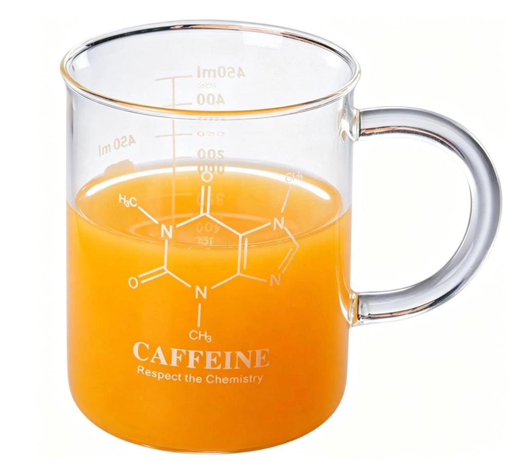 Tazza da laboratorio in vetro borosilicato con motivo a molecola di caffeina, 450 ml, con scala graduata e beccuccio, per moka, latte, cappuccino, acqua, succo