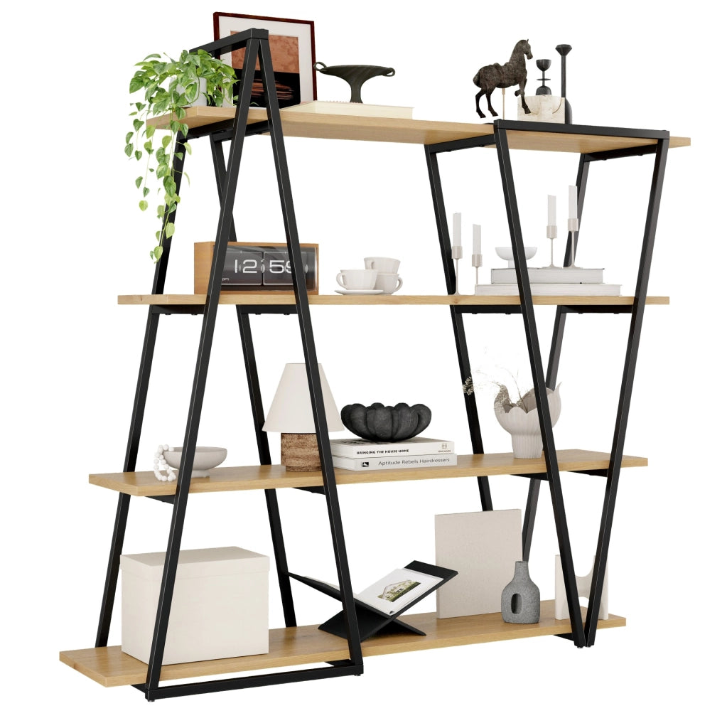Libreria aperta geometrica 158x35x166 cm in MDF nero e legno, 4 ripiani