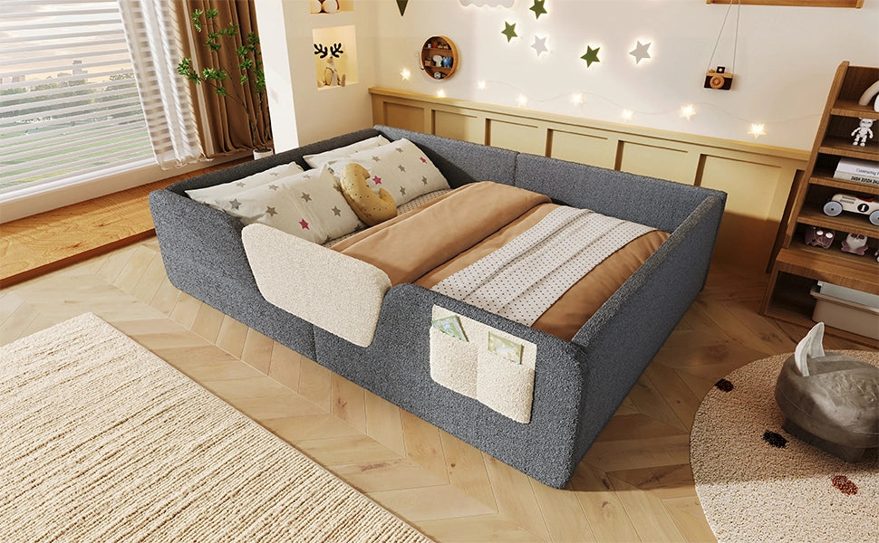 Letto con cassetti 90 ¡Á 200 cm imbottito con testiera regolabile e borchie decorative in lino e MDF grigio