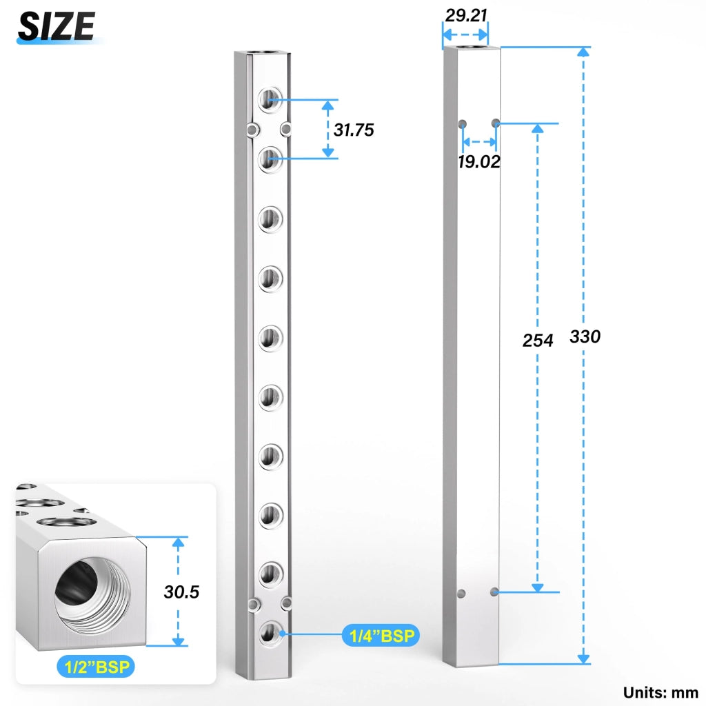 Distributore pneumatico, alluminio, 10 vie, 12 connessioni, colore argento