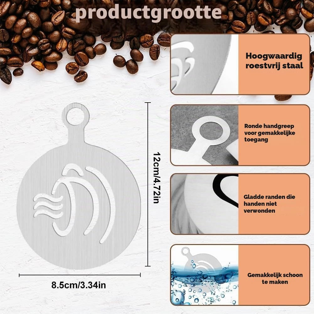 6 modelli in acciaio inossidabile per decorazioni su caffè (latte art) e torte, dimensioni 12x9 cm