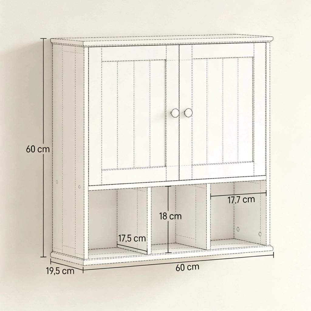 Mobile da bagno a parete in MDF bianco con 2 ante e ripiano regolabile, 60x19,5x60 cm