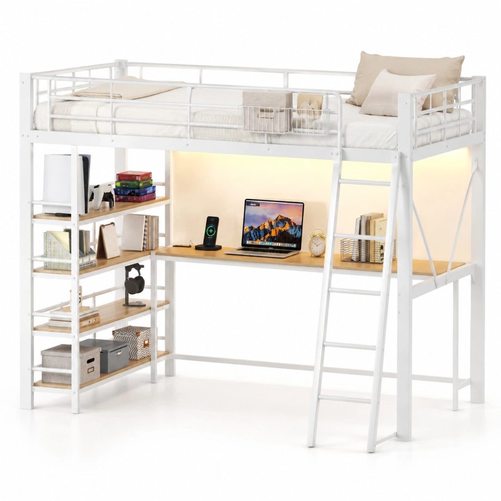 Letto a soppalco in metallo bianco 140x200 cm con scrivania integrata, scaffali, cesta portaoggetti, stazione di ricarica USB e illuminazione LED