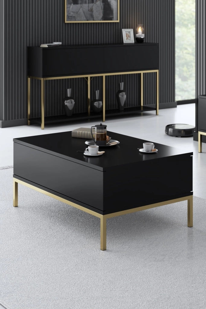Tavolino da divano nero e dorato, quadrato, dimensioni 90x40x60 cm, rivestito in melamina