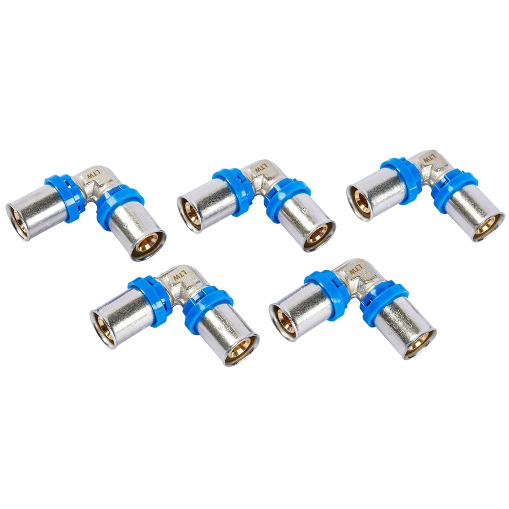 Raccordo a pressare a 90° per tubi compositi in alluminio, 16 x 2,0 mm, confezione da 5 pezzi.