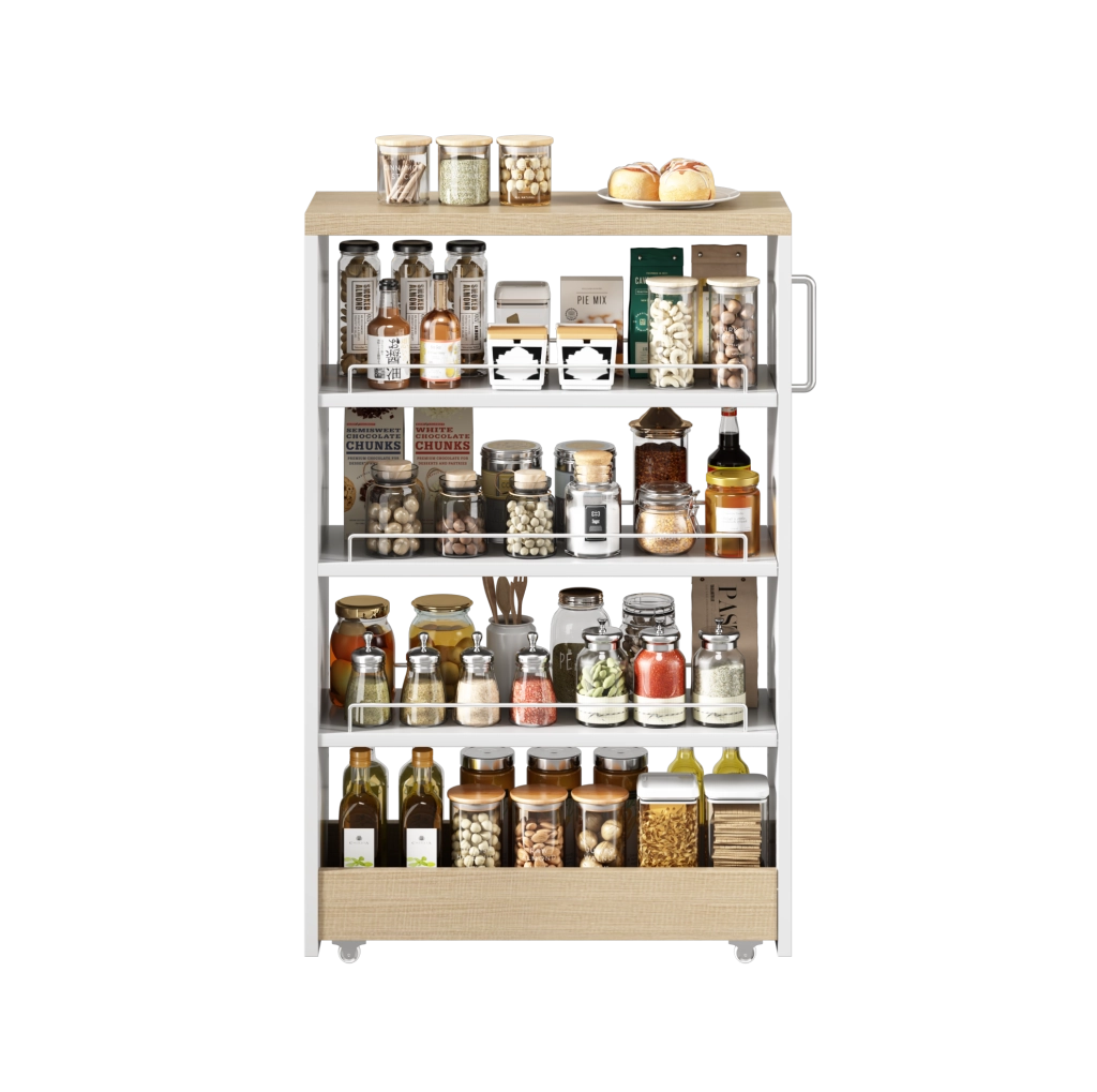 Carrello salvaspazio su ruote 95x23;4x19;8 cm con 4 ripiani regolabili in MDF; bianco e naturale