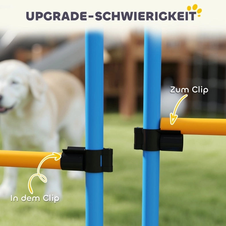 Set agility per cani con ostacolo, cerchio e pali da slalom blu