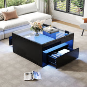 Tavolino da salotto 70 × 70 × 35 cm con 2 cassetti LED controllabile via app piano in vetro temperato MDF nero