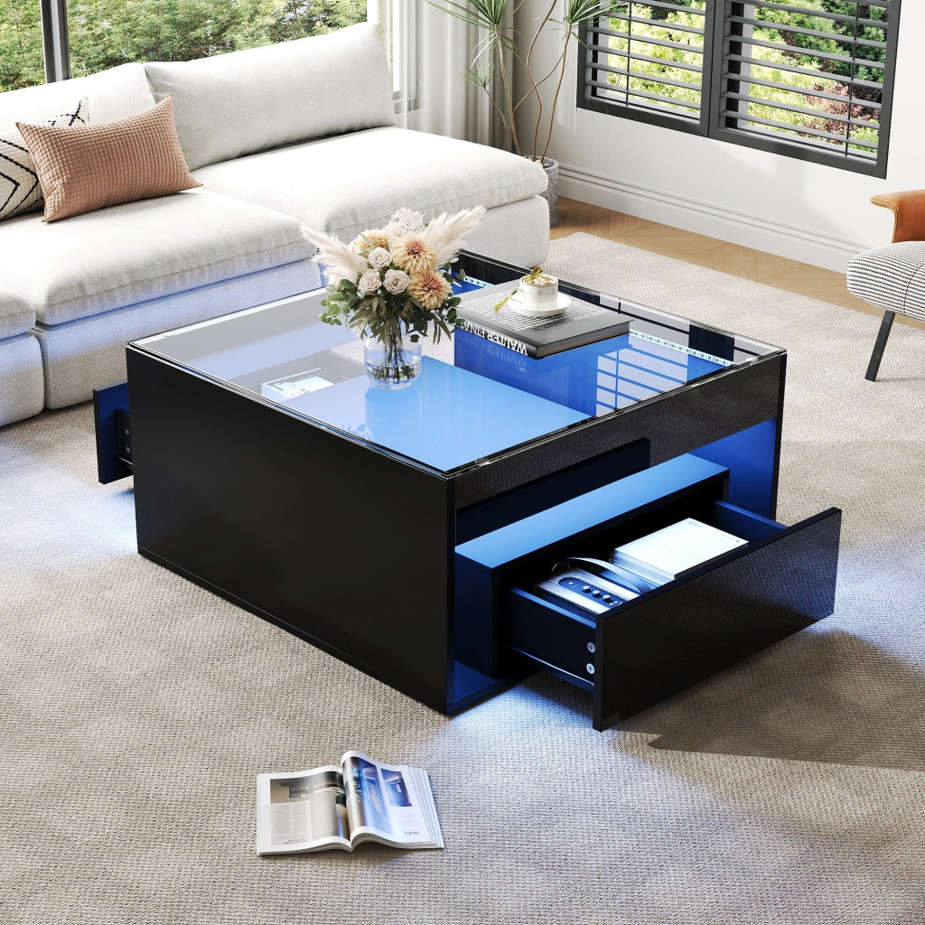 Tavolino da salotto 70 × 70 × 35 cm con 2 cassetti LED controllabile via app piano in vetro temperato MDF nero
