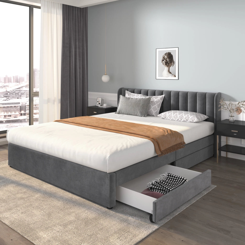 Letto matrimoniale imbottito 180x200 in velluto grigio con rete a doghe e 2 cassetti