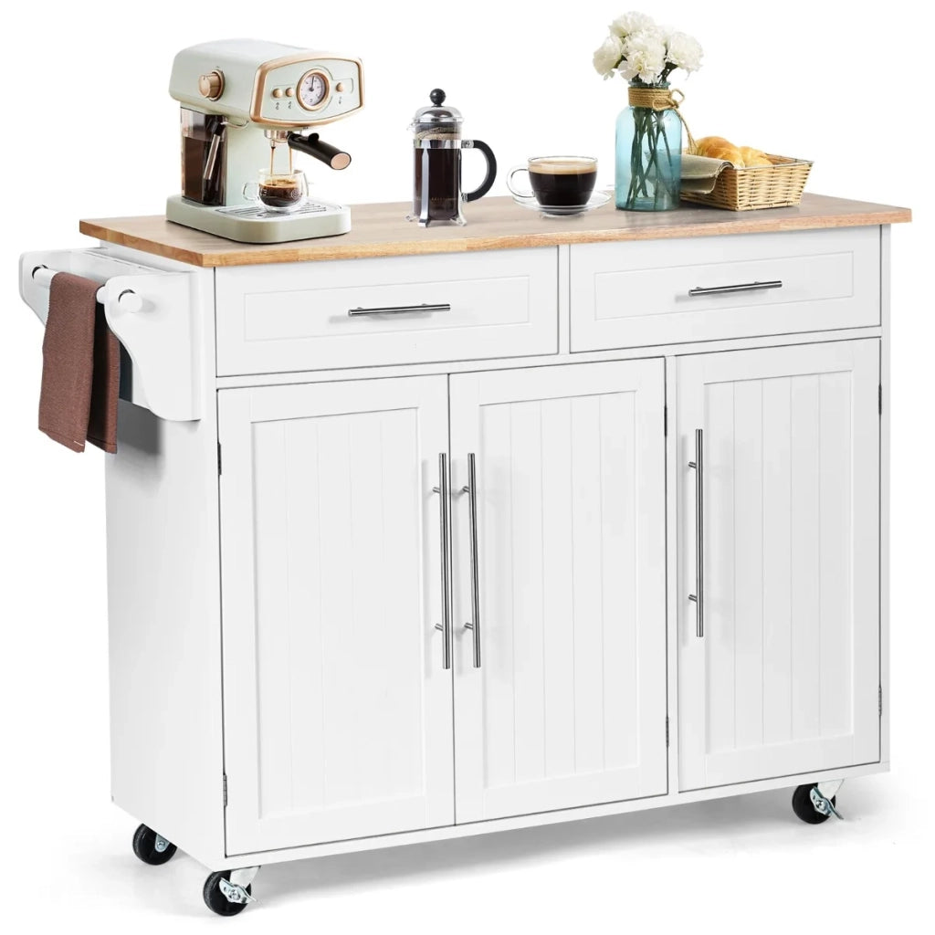Kitchen Island Trolley Cart Wood Top Rolling Storage Cabinet-White
