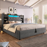 Letto matrimoniale 140 × 190 cm con contenitore idraulico LED USB C in lino grigio con testiera a ripiani