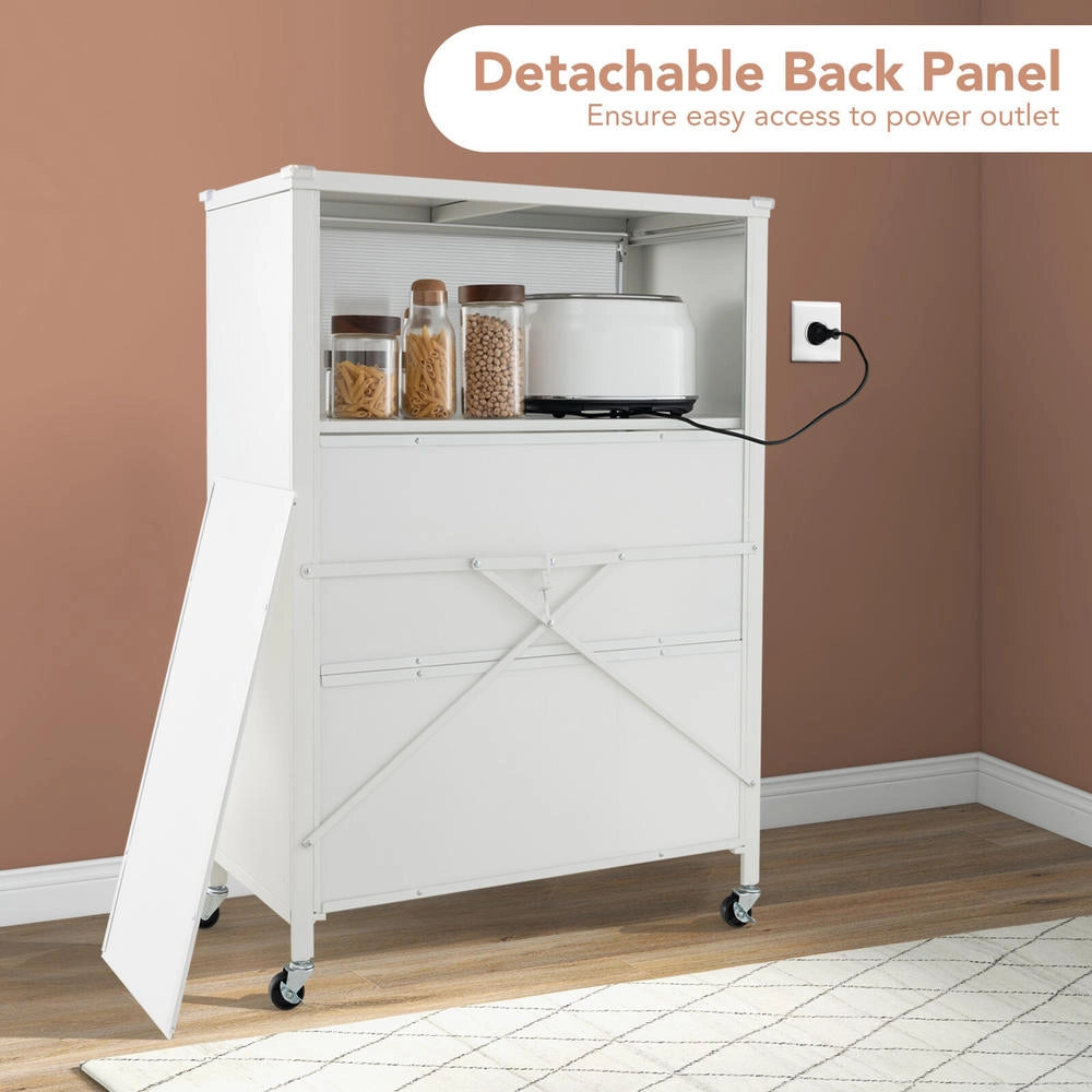 Scaffale da cucina a 4 ripiani con ante a ribalta, mobile credenza in metallo con ruote, salvaspazio per casa, bianco