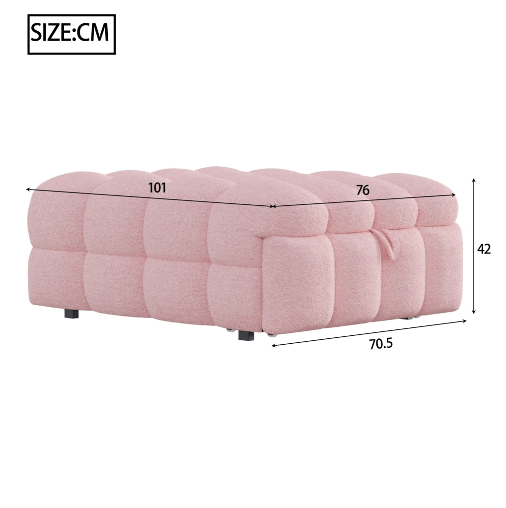 Letto singolo imbottito 2-in-1 con pouf estraibile, divano letto in bouclé rosa, 183x76x42 cm