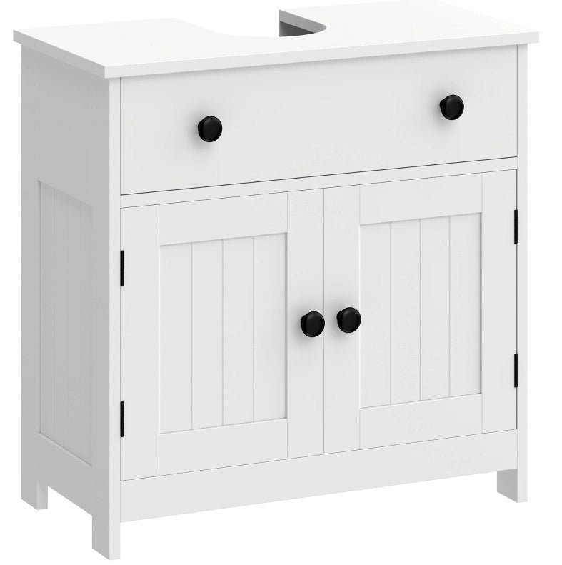 Mobile bagno bianco moderno con anta doppia, cassetto e chiusura soft-close, ideale per lavabo senza piedistallo