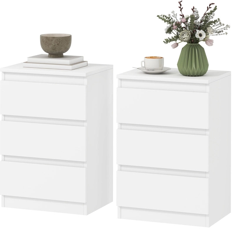 Set di 2 Comodini con 3 Cassetti, 40x30x59,5 cm, Bianco, per Camera da Letto e Soggiorno