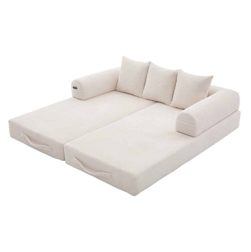 Divano modulare beige in velluto a coste con struttura in metallo e 3 cuscini