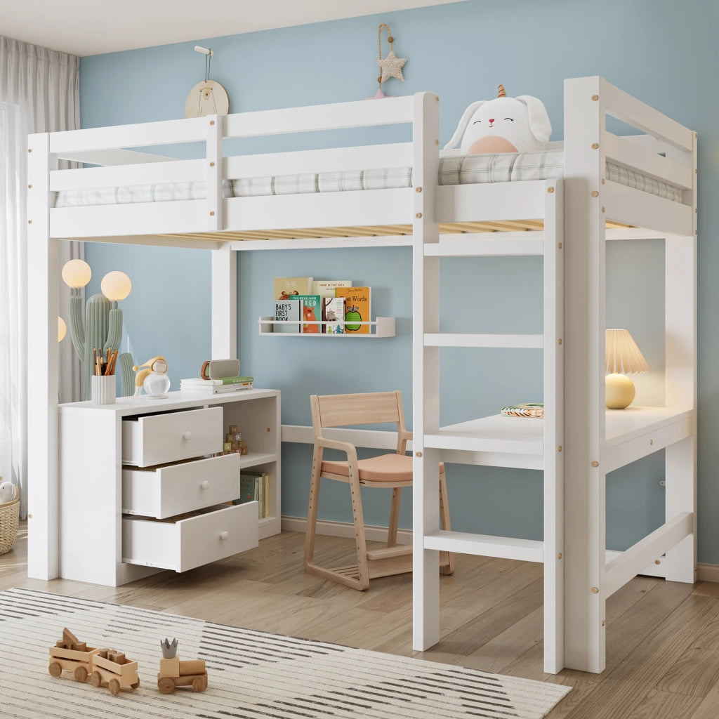 Letto a soppalco per bambini 90 × 200 cm con scrivania cassetti scaffale rete a doghe in legno bianco