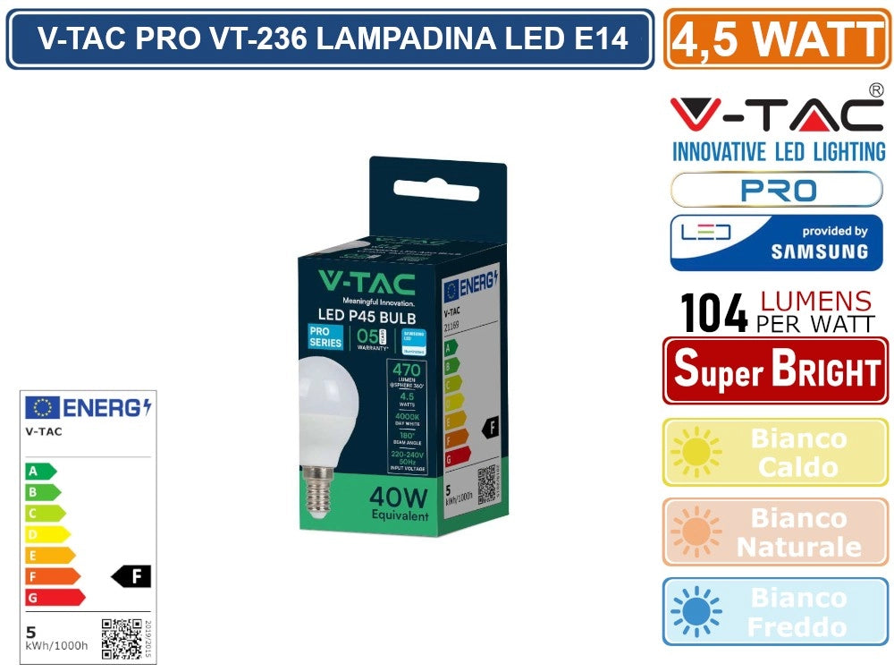 V-TAC PRO VT-236 LAMPADINA LED E14 4,5W MINIGLOBO P45 CHIP SAMSUNG - Colore Luce:Bianco Caldo