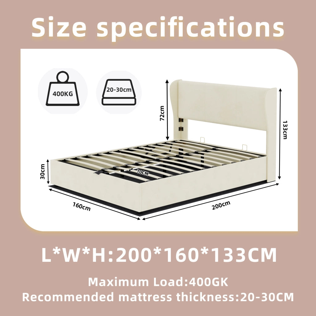 Letto 160x200 cm, Testiera e Schienale in Velluto - Struttura in Metallo - Beige