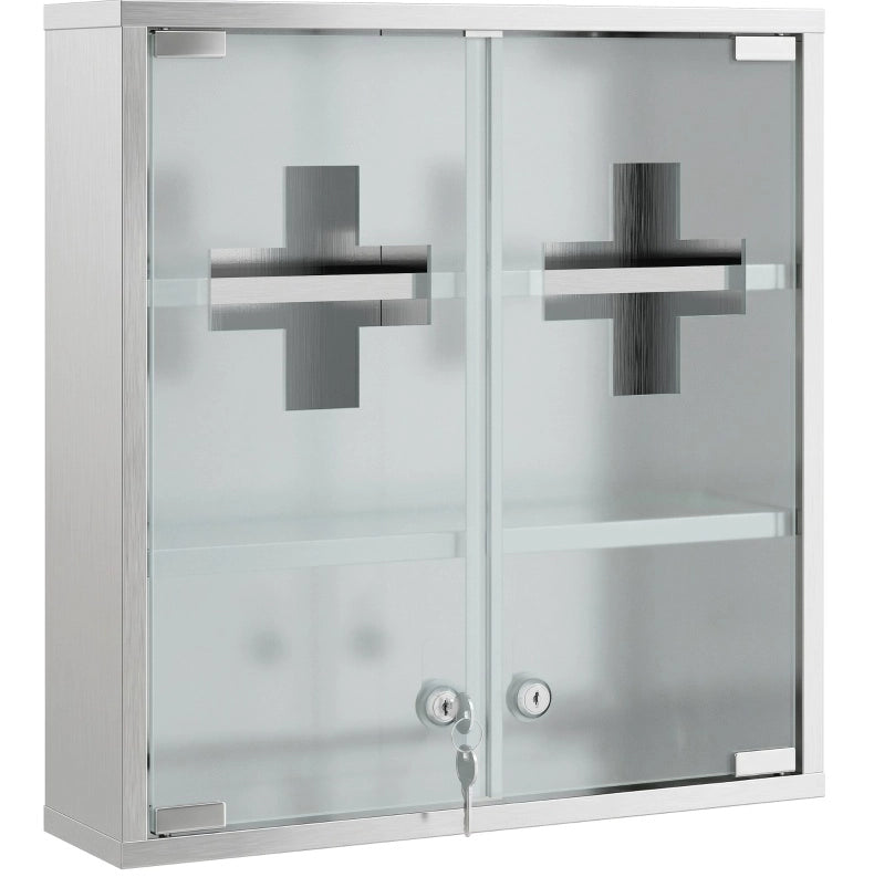 Armadio portamedicinali da parete in acciaio inox con porta in vetro satinato e serratura, 48 x 46 x 12 cm, argento