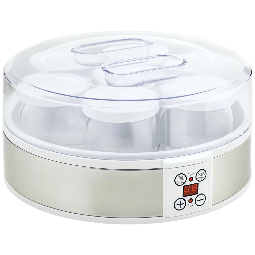 Yogurtiera con 7 Vasetti in Vetro Macchina per Yogurt in Acciaio Inox 24 cm x 24 cm x 13 cm Argento e Bianco Facile da Usare per Casa