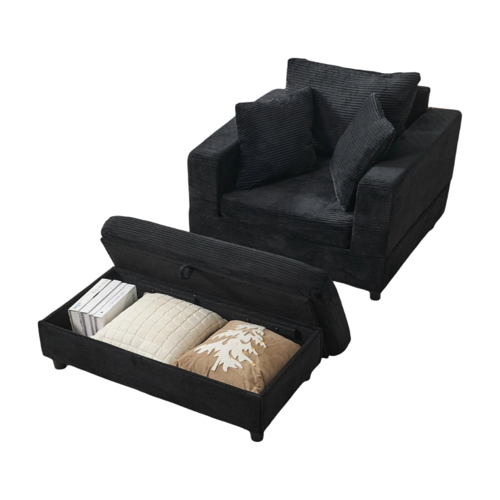 Chaise longue nera in tessuto a coste con vano contenitore