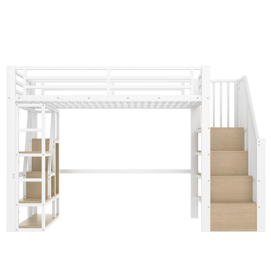Letto a soppalco ULEVR 90x200 cm con LED multicolore, scale con ripiani e sponde di sicurezza, bianco