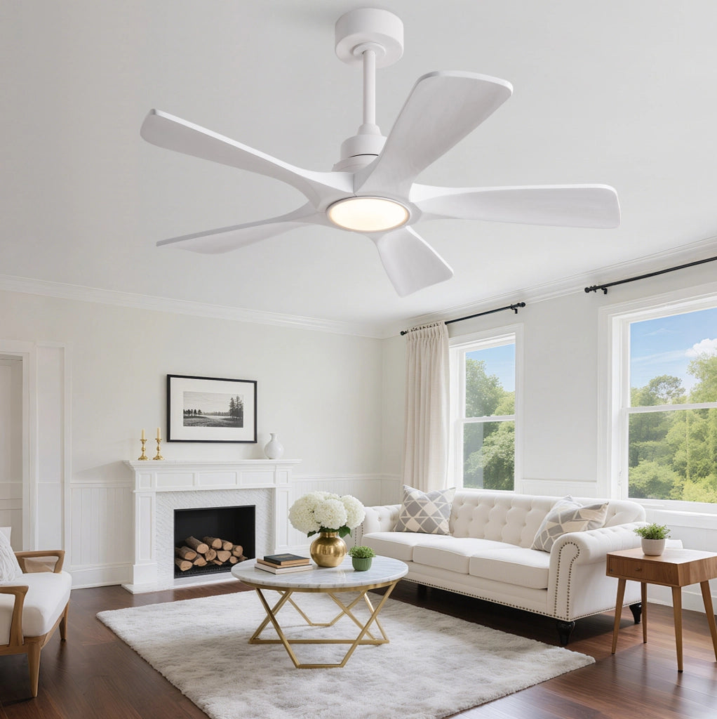 Ventilatore da soffitto bianco con luce e telecomando, 6 velocità