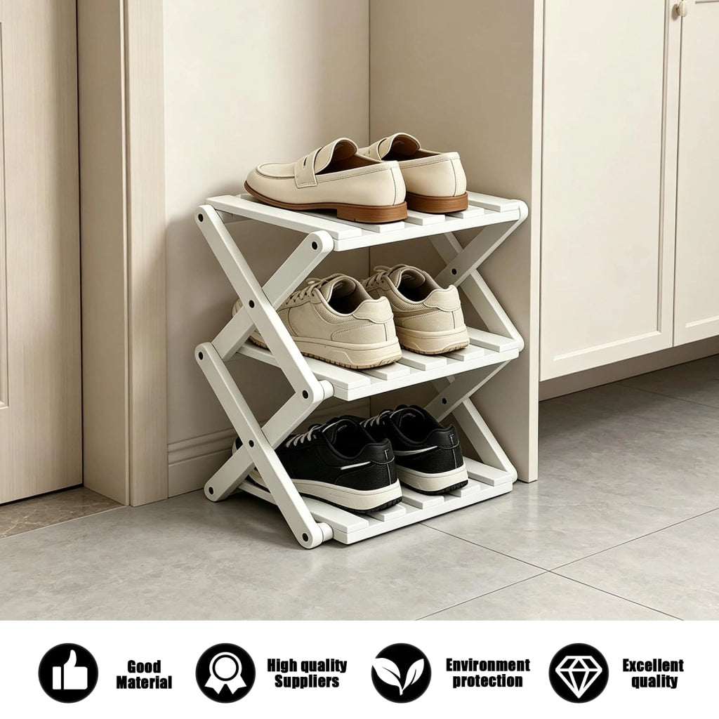Scaffale pieghevole per scarpe, 30 cm, 3 ripiani, color avorio
