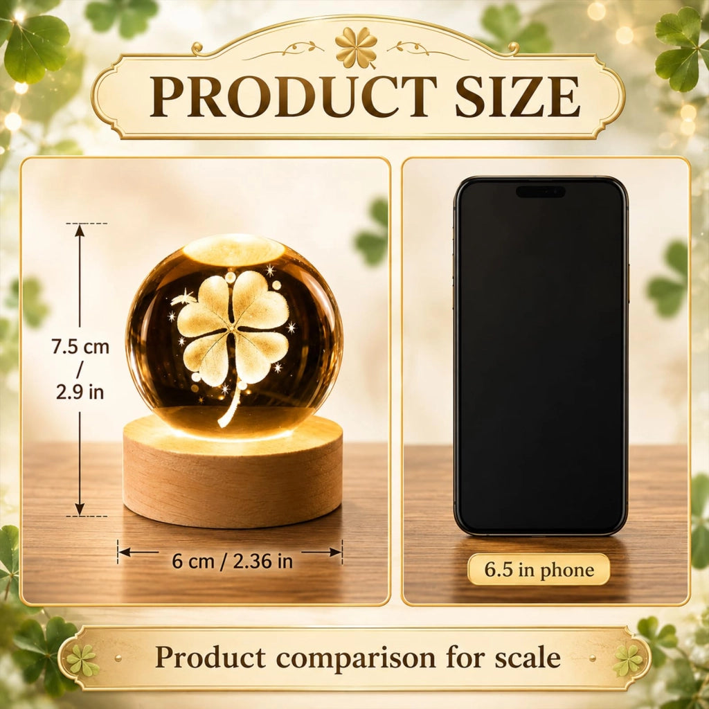 Sfera di cristallo a forma di trifoglio, diametro 60 mm, luce notturna a LED, alimentazione USB